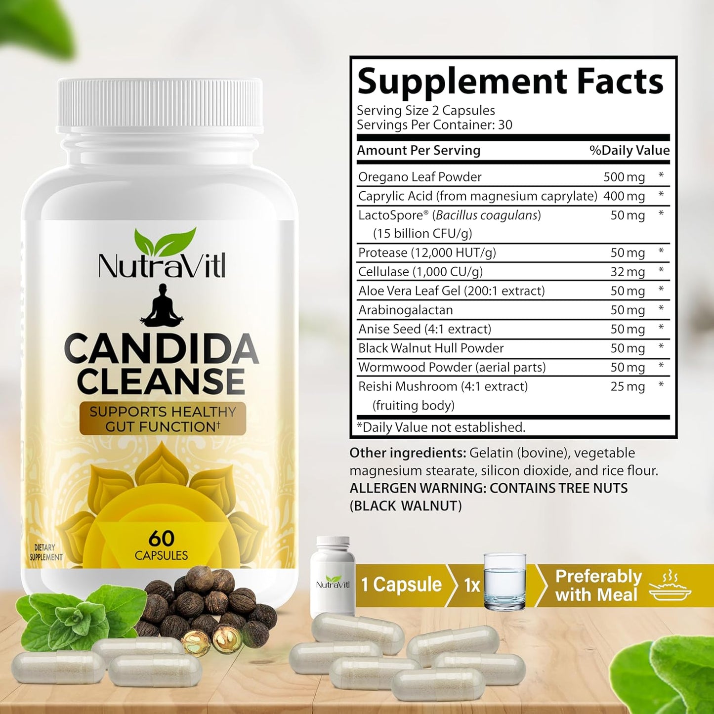 Candida Detox & Cleanse supplement Facts with Oregano Leaf, Black Walnut, and Caprylic Acid for gut and yeast support