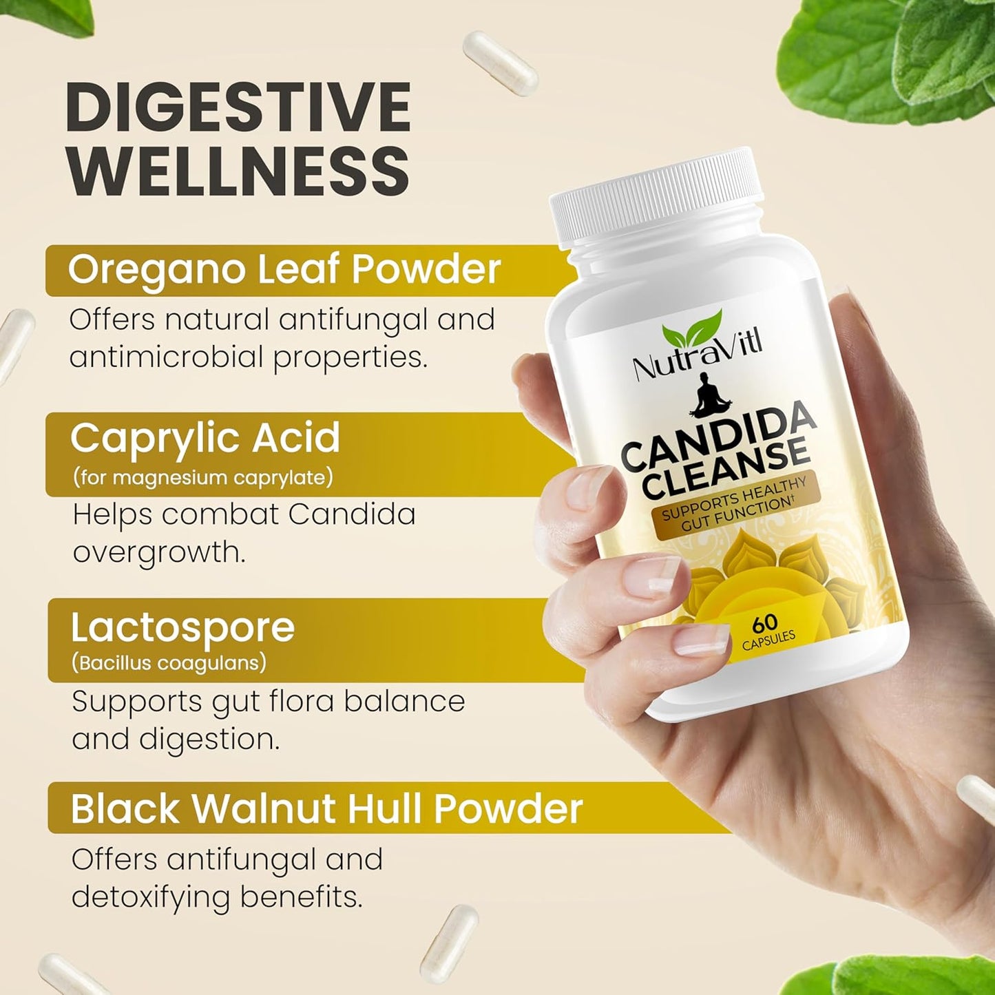Candida Detox & Cleanse supplement For Women with Oregano Leaf, Black Walnut, and Caprylic Acid for gut and yeast support