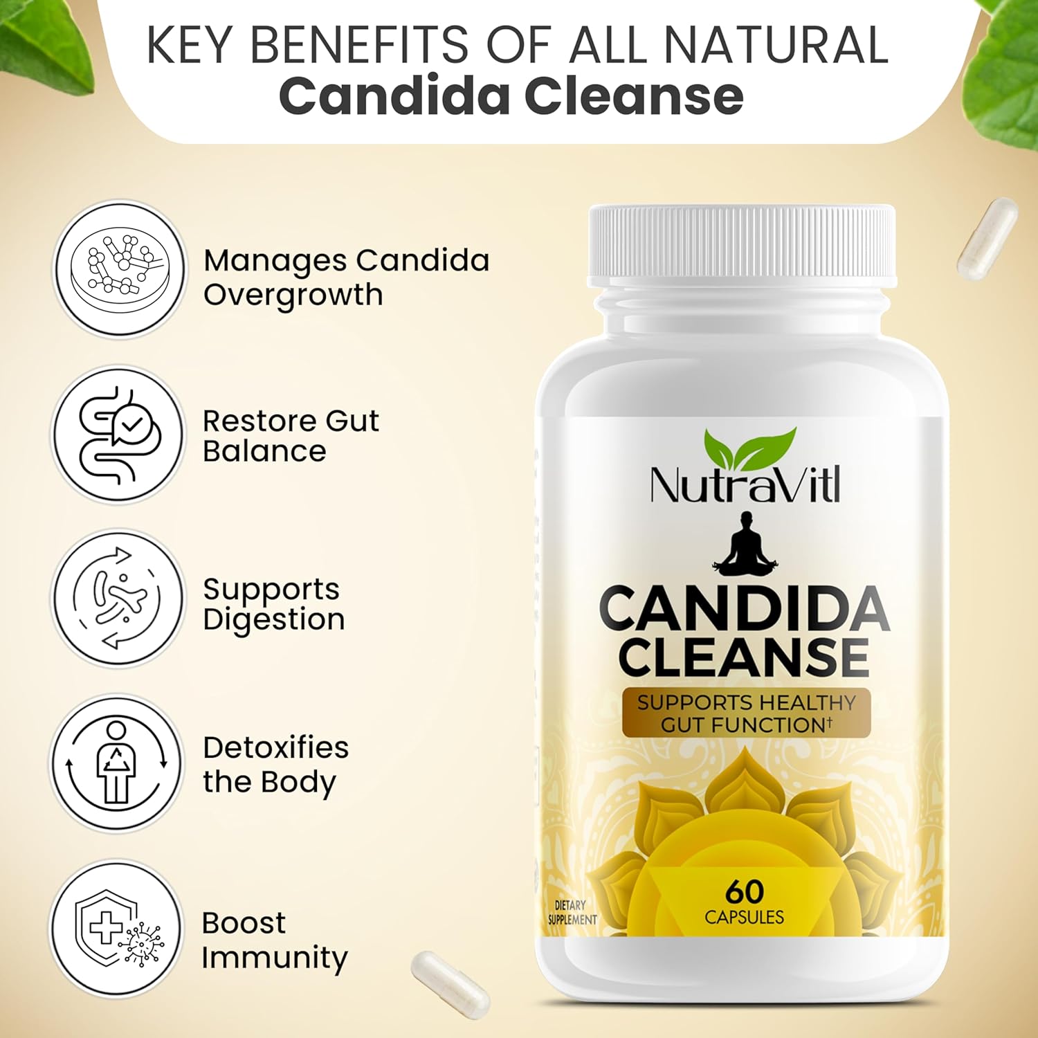 Candida Detox & Cleanse supplement benefits with Oregano Leaf, Black Walnut, and Caprylic Acid for gut and yeast support
